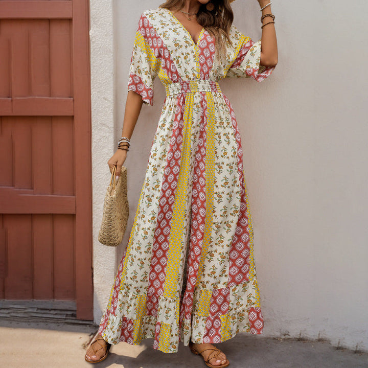 Women’s Maxi Dress – Bohemian Print – V-Neck – Elastic Waist – Flowy Fit – Elbow Sleeve