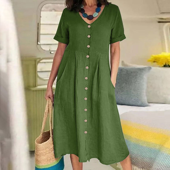 Women's V-Neck Button-Front Midi Dress - Short Sleeves