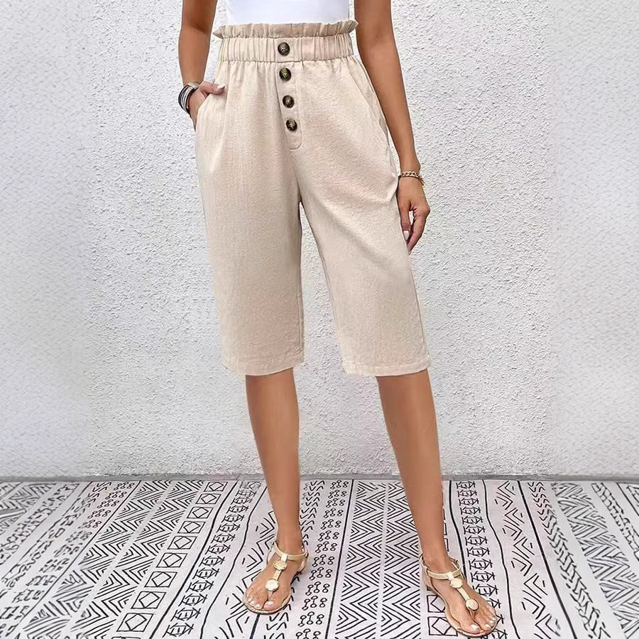 Women’s Bermuda Shorts - Relaxed Fit - Elastic Waist - Button Front - Lightweight Fabric