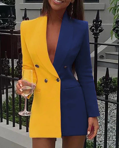 Women’s Blazer Dress – Tailored Fit – Two-Tone Design – V-Neck – Double Breasted Mini