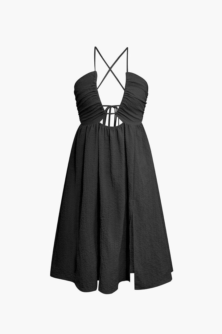 Women’s Maxi Dress - Halter Neck - Ruched Bodice - Front Cutout - High Slit - Flowy Fit
