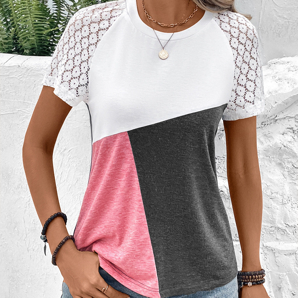 Women’s T-Shirt – Relaxed Fit – Cotton Blend – Lace Sleeve – Round Neck – Color Block