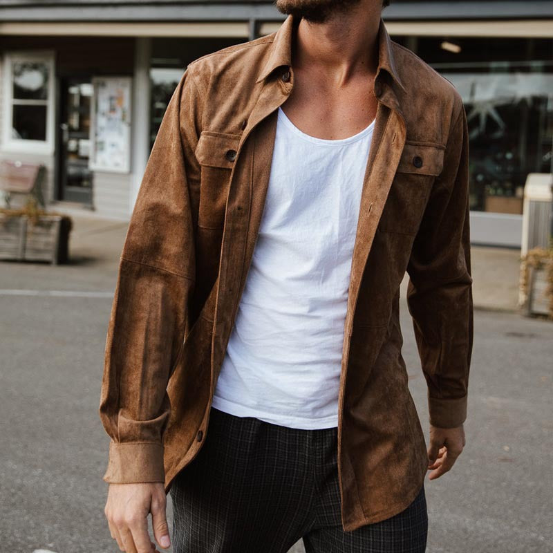 Men’s Casual Shirt – Regular Fit – Soft Suede-Look Texture – Button-Up with Chest Pockets