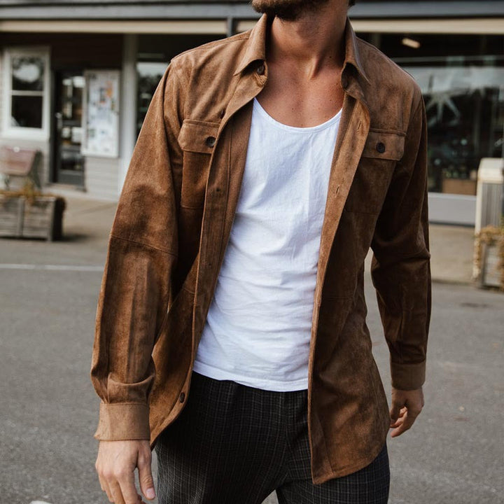 Men’s Casual Shirt – Regular Fit – Soft Suede-Look Texture – Button-Up with Chest Pockets