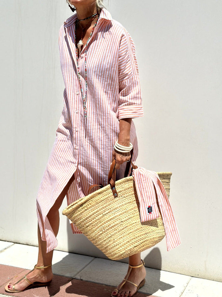 Women’s Shirt Dress – Relaxed Fit – Cotton – Button Down – Midi Length – Side Slit