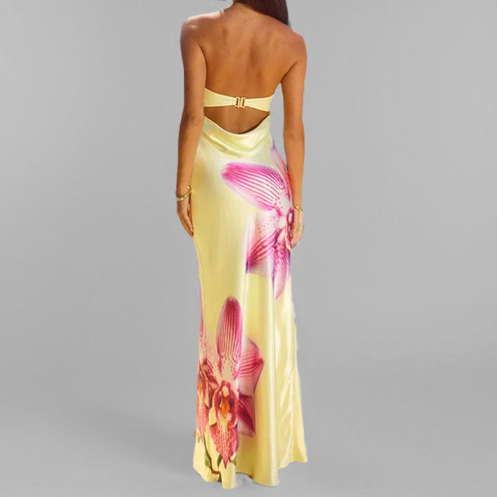 Women’s Strapless Maxi Dress - Floral Print - Elegant Flowing Fabric - Formal Fit