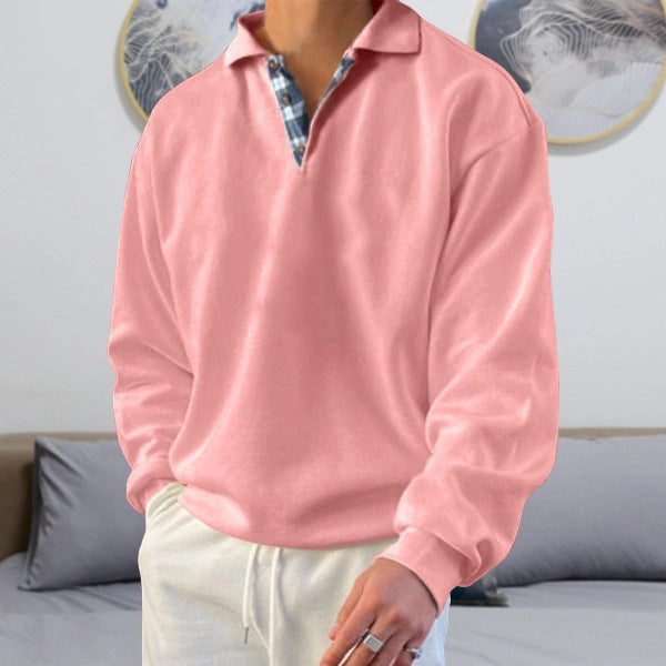 Men’s Sweatshirt – Soft Knit – Loose Fit – V-Neck Lapel – Ribbed Cuffs – Casual Wear