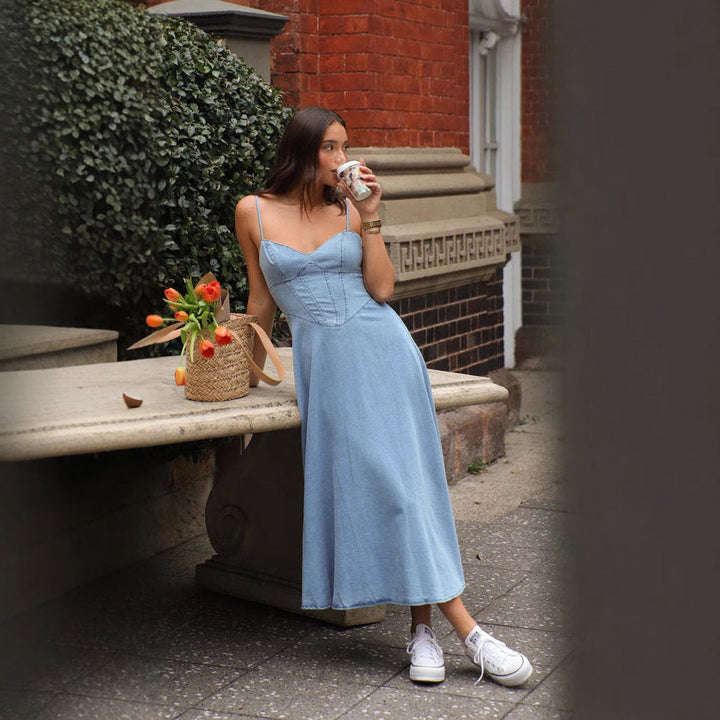 Women’s Midi Dress – Cotton Denim – Sweetheart Neckline – Spaghetti Straps – Fitted Bodice