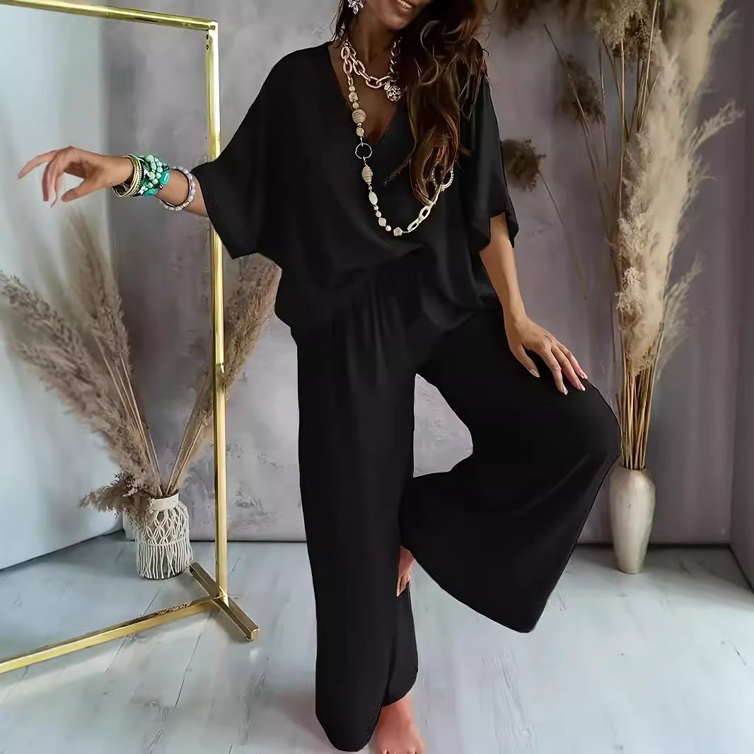 Women’s Two-Piece Set – Relaxed Fit – V-Neck Top – Wide-Leg Pants – Breathable Blend