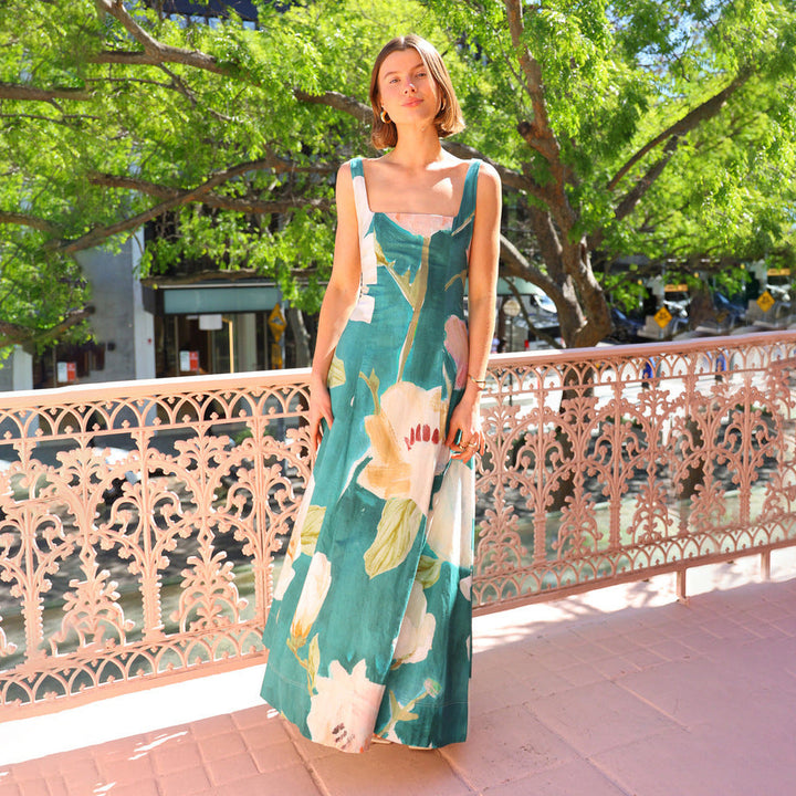 Women’s Maxi Dress - Square Neck - Wide Straps - A-Line Fit - Floral Print Elegant Style