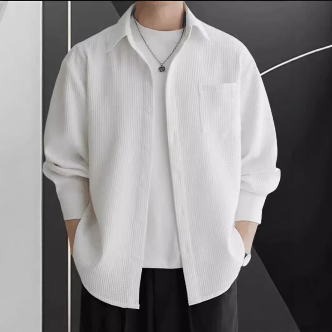Men’s Button-Up Shirt - Waffle Knit - Oversized Fit - Long Sleeve Casual Layer