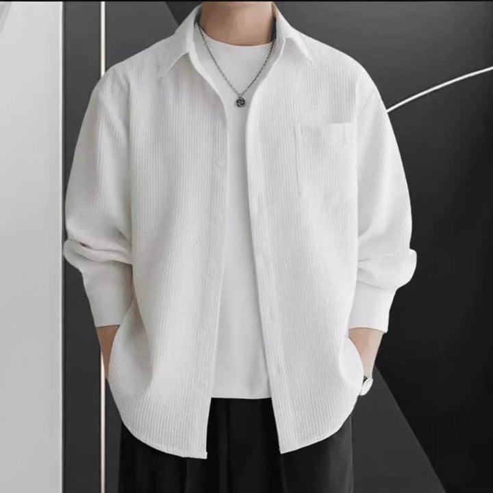 Men’s Button-Up Shirt - Waffle Knit - Oversized Fit - Long Sleeve Casual Layer