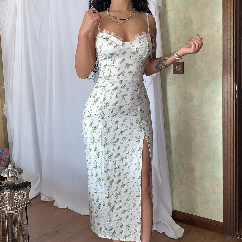 Women’s Midi Dress – Fitted Silhouette – Spaghetti Straps – Sweetheart Neckline – Front Slit