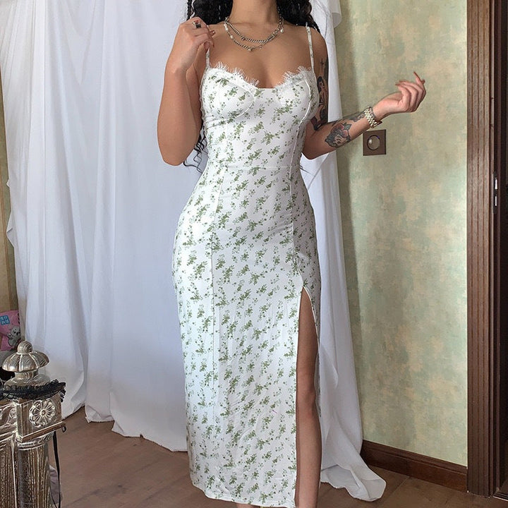 Women’s Midi Dress – Fitted Silhouette – Spaghetti Straps – Sweetheart Neckline – Front Slit