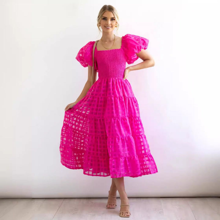 Women’s Maxi Dress – Off-Shoulder Puff Sleeves – Smocked Waist – Flowing Tiered Skirt – Lightweight Breathable Fabric