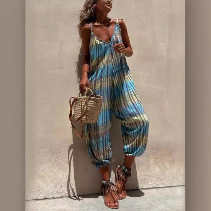 Women’s Jumpsuit – V-Neck – Tie-Dye Pattern – Elastic Cuffs – Adjustable Straps – Loose Fit
