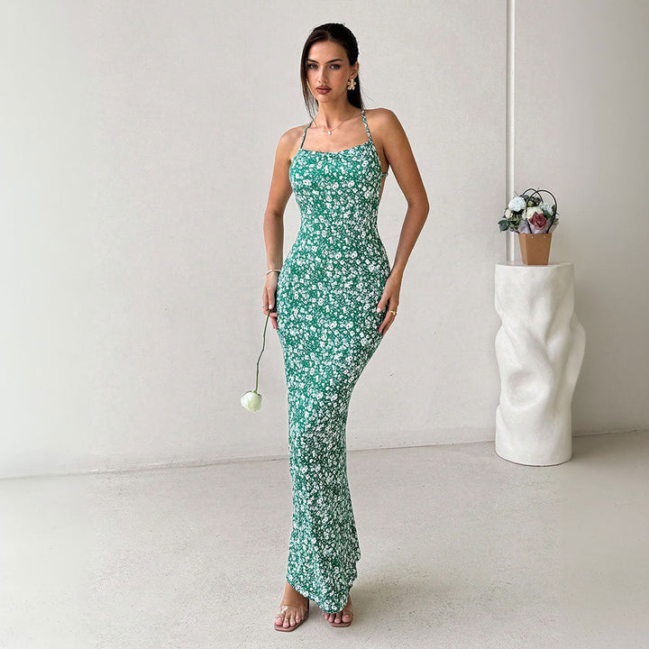 Women’s Maxi Dress – Fitted Silhouette – Square Neckline – Spaghetti Straps – Floral Print