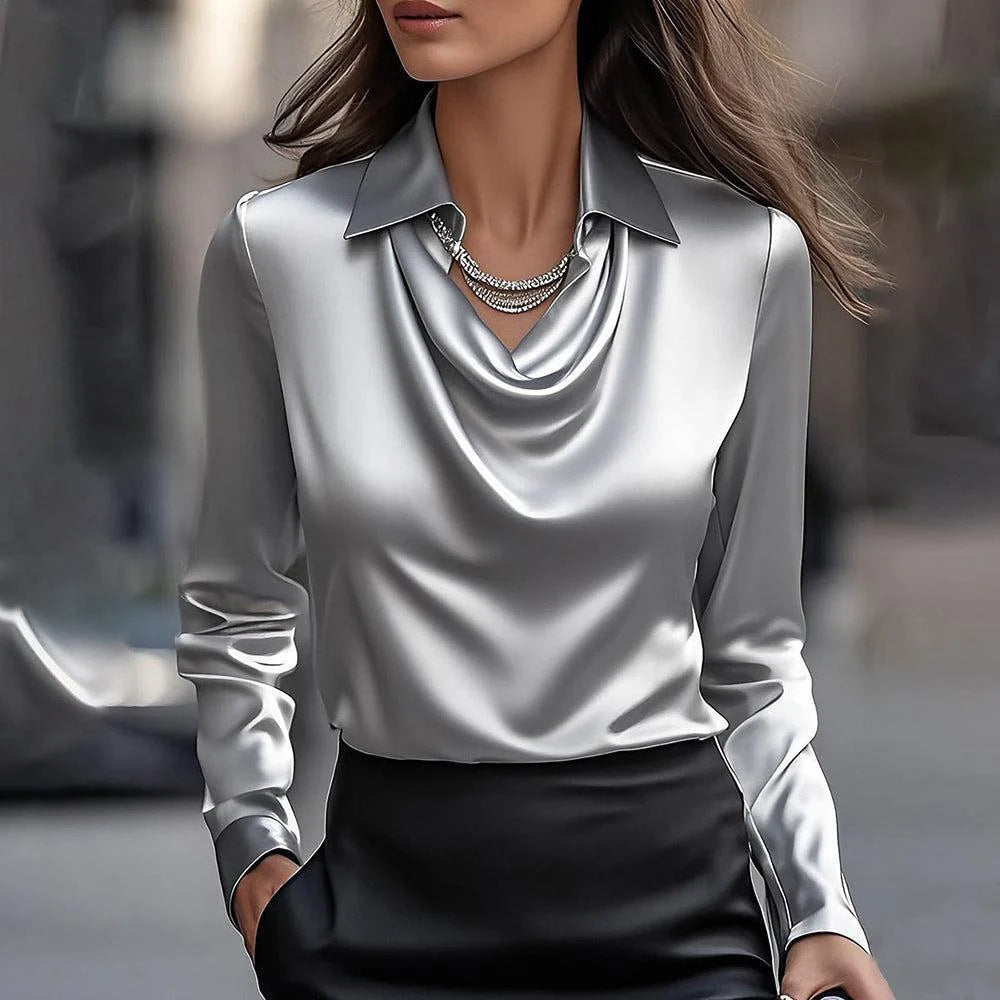 Women's Blouse – Draped Cowl Neck – Satin Touch – Tailored Fit – Long Sleeve