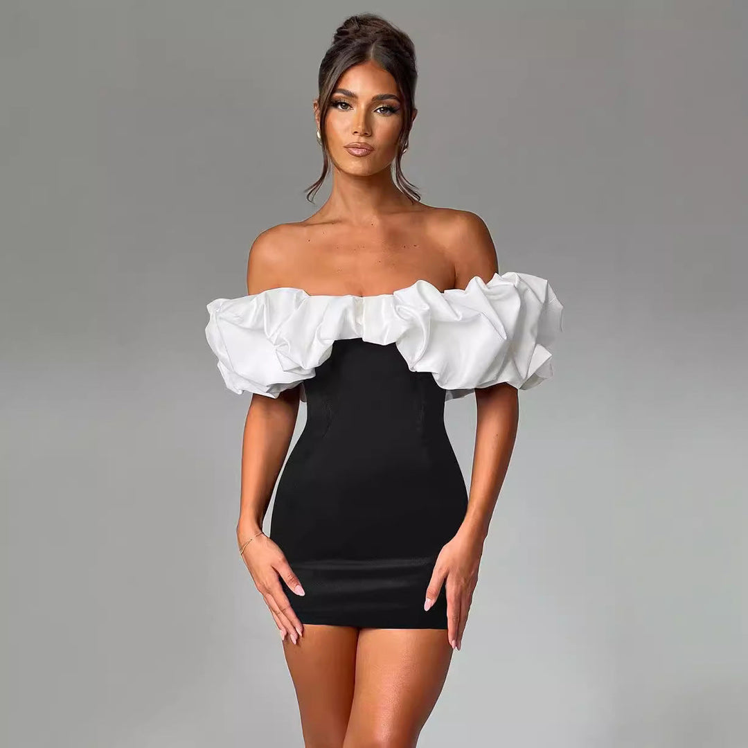 Women’s Mini Dress - Off Shoulder - Ruffled Neckline - Slim Fit Cocktail Style