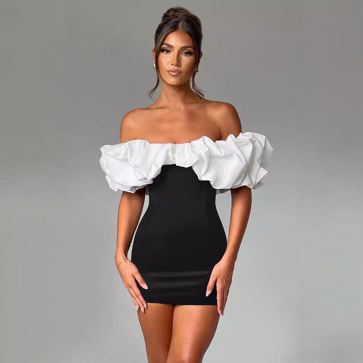 Women’s Mini Dress - Off Shoulder - Ruffled Neckline - Slim Fit Cocktail Style
