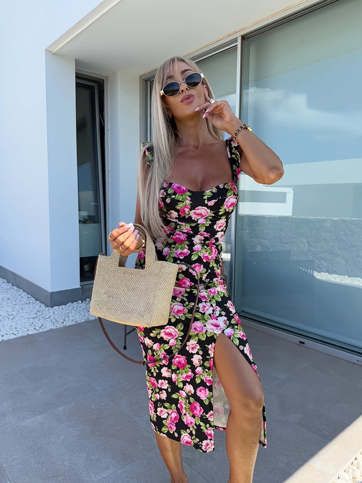 Women’s Midi Dress – Slim Fit – Ruffled Straps – Floral Print – Side Slit – Breathable Blend