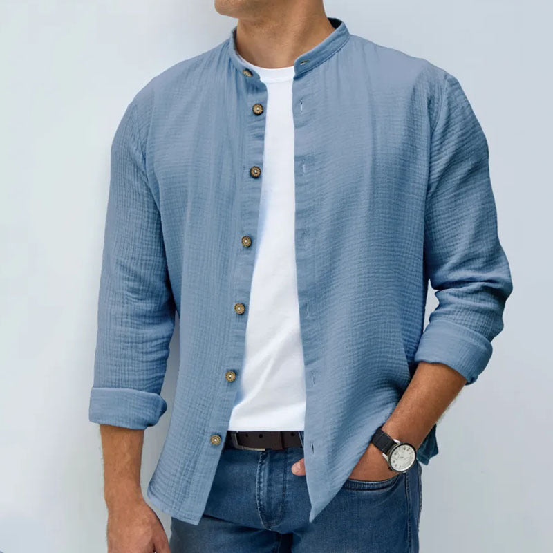 Men’s Button-Up Shirt – Regular Fit – Textured Fabric – Mandarin Collar – Long Sleeve