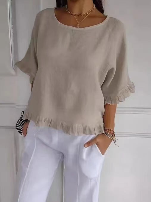 Women’s Blouse – Cotton Linen – Relaxed Fit – Ruffle Hem – Round Neck – Short Sleeve