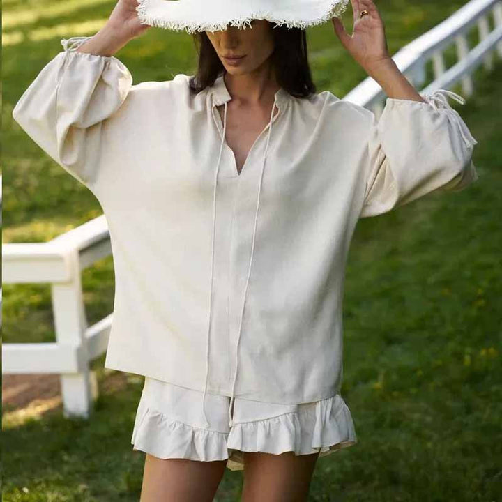 Women’s Two-Piece Set – V-Neck Balloon Sleeve Top – Ruffle Hem Relaxed Shorts – Breathable Blend