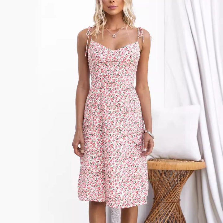 Women’s Midi Dress – Slim Fit – Floral Print – Spaghetti Straps – Side Slit – Cotton Blend