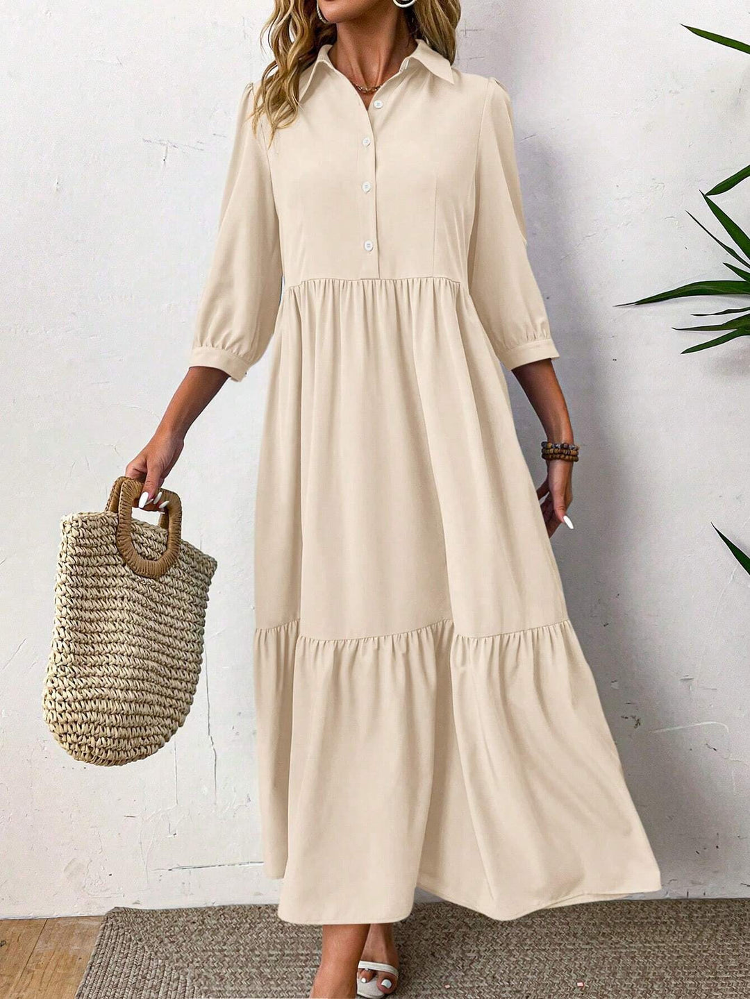 Women's Dress - Button-Down Collared - 3/4 Sleeves - Maxi Length