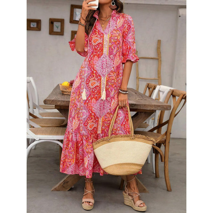 Women’s Midi Dress – Relaxed Fit – Ruffle Sleeves – Boho Print – Tie Neck – Breathable Blend