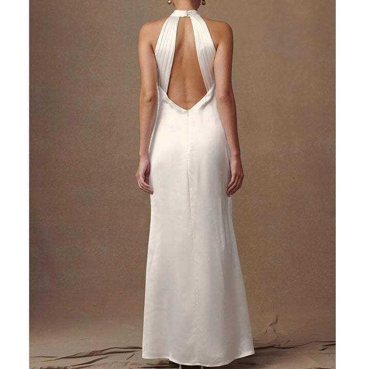 Women’s Evening Gown – Satin Finish – Halter Neck – Floral Detail – Floor Length Fit