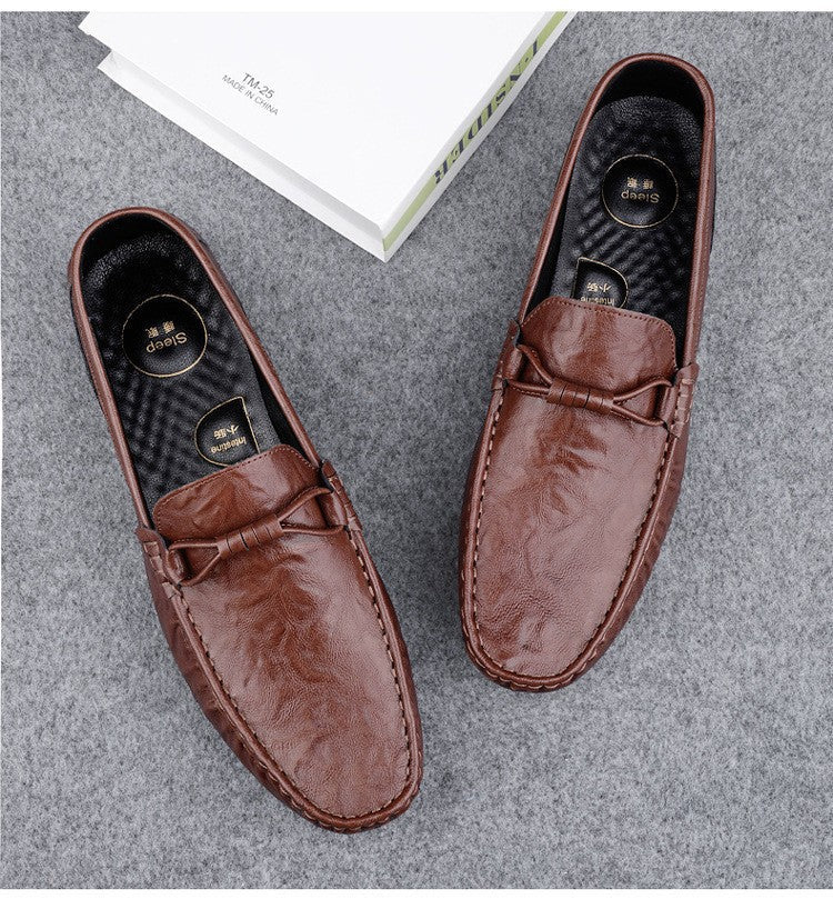 Men’s Leather Loafers – Slip-On Comfort – Decorative Tie – Printed Detailing – Casual Fit
