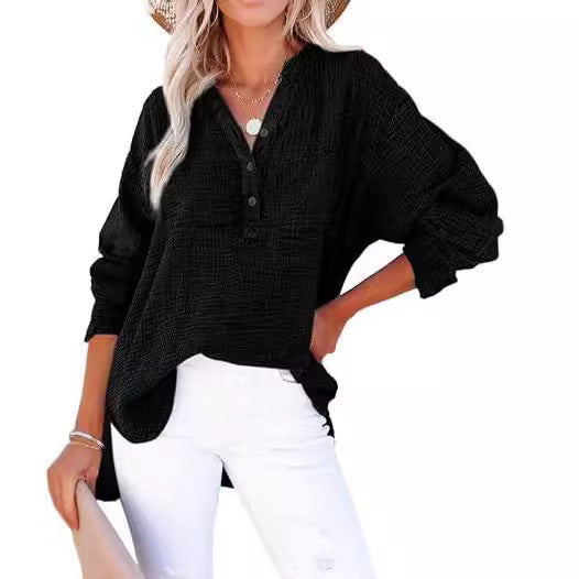 Women’s Long Sleeve Top – Relaxed Fit – Pleated Front – Button Detail – Natural Fibers