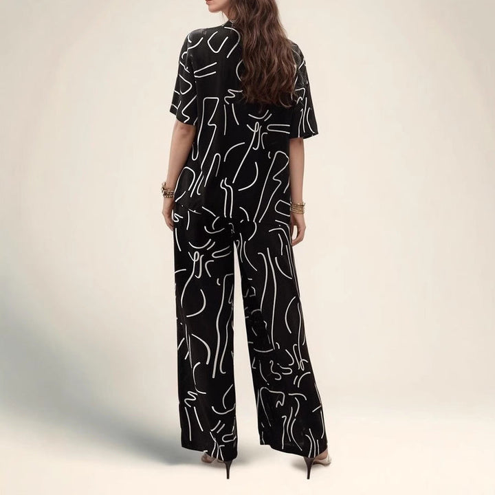 Women’s Two-Piece Set – V-Neck Collared Top – Short Sleeve – Wide-Leg Pants – Relaxed Fit