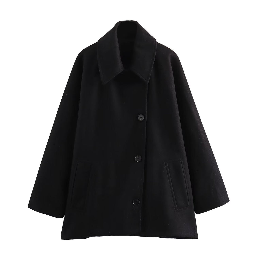 Women’s Wool Jacket - Oversized Fit - Wide Collar - Button Front - Casual Mid-Length