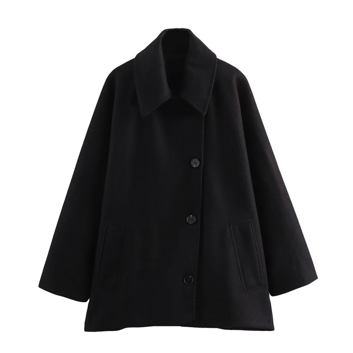 Women’s Wool Jacket - Oversized Fit - Wide Collar - Button Front - Casual Mid-Length