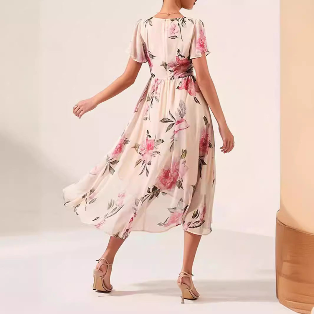 Women’s Dress – V-Neck Wrap Style – Flutter Sleeve – High-Low Hem – Lightweight Fabric