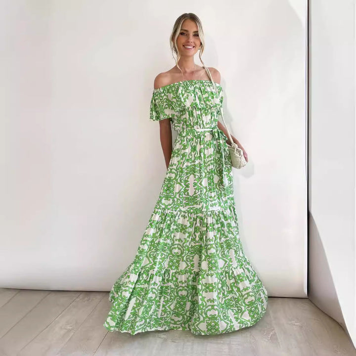Women’s Maxi Dress – Off Shoulder – Flowing Fit – Tiered Skirt – Cinched Waist Tie