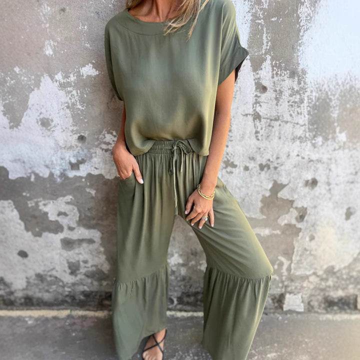 Women’s Two-Piece Suit Set – Cotton Linen – Relaxed Fit – Short Sleeve – Wide Leg Pants