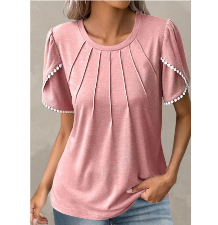 Women’s T-Shirt – Relaxed Fit – Soft Knit – Ruffled Sleeves – Pleated Front Detail