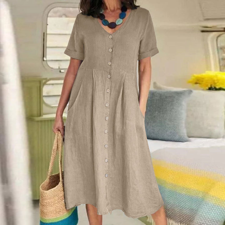 Women's V-Neck Button-Front Midi Dress - Short Sleeves