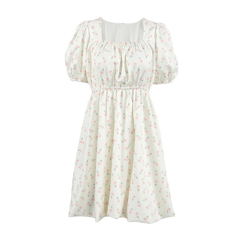 Women’s A-Line Dress – Square Neck – Puff Sleeve – Fitted Waist – Subtle Print