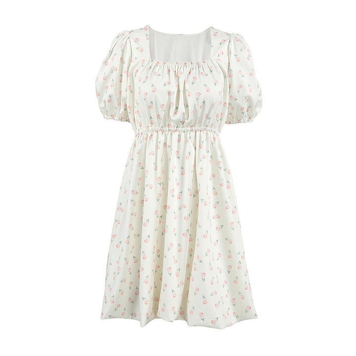 Women’s A-Line Dress – Square Neck – Puff Sleeve – Fitted Waist – Subtle Print