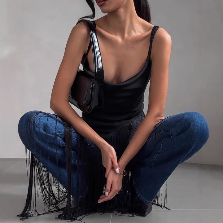 Women’s Slip Dress – Asymmetrical Fit – Spaghetti Straps – Draped Fringe Accent