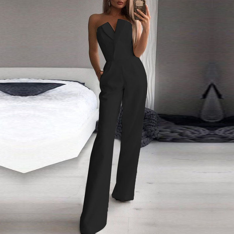 Women’s Jumpsuit - Strapless Asymmetric Neckline - Tailored Fit - Wide Leg Silhouette