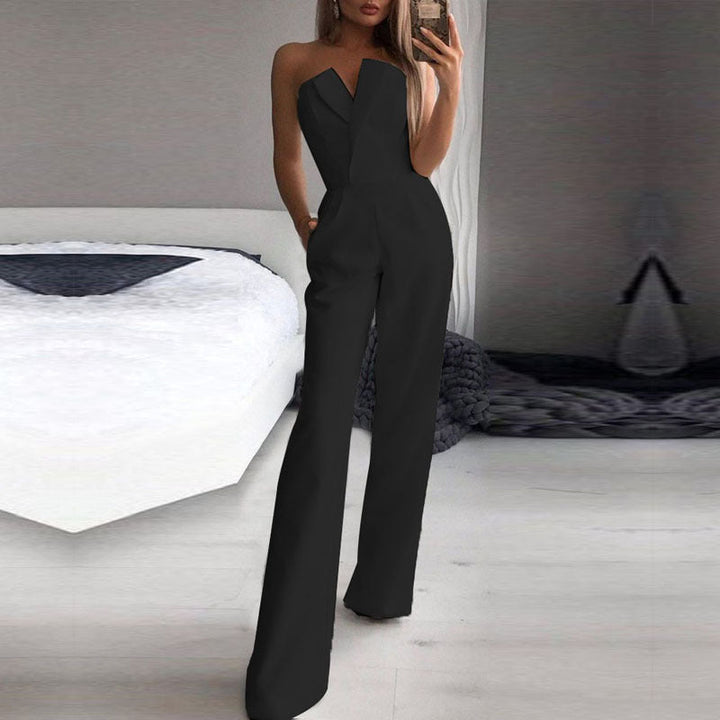 Women’s Jumpsuit - Strapless Asymmetric Neckline - Tailored Fit - Wide Leg Silhouette