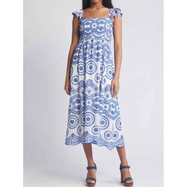 Women’s Midi Dress – Cotton A-Line – Square Neck – Ruffle Sleeve – Boho Pattern