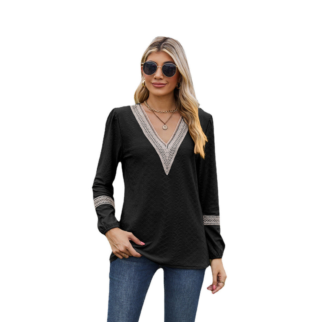 Women’s Long Sleeve T-Shirt – Loose Fit – V-Neck Lace Trim – Soft Breathable Knit