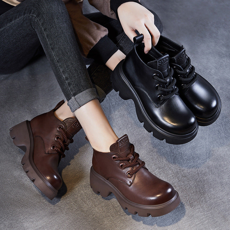 Women’s Ankle Boots – Genuine Leather – High-Top – Chunky Sole – Lace-Up Casual Style